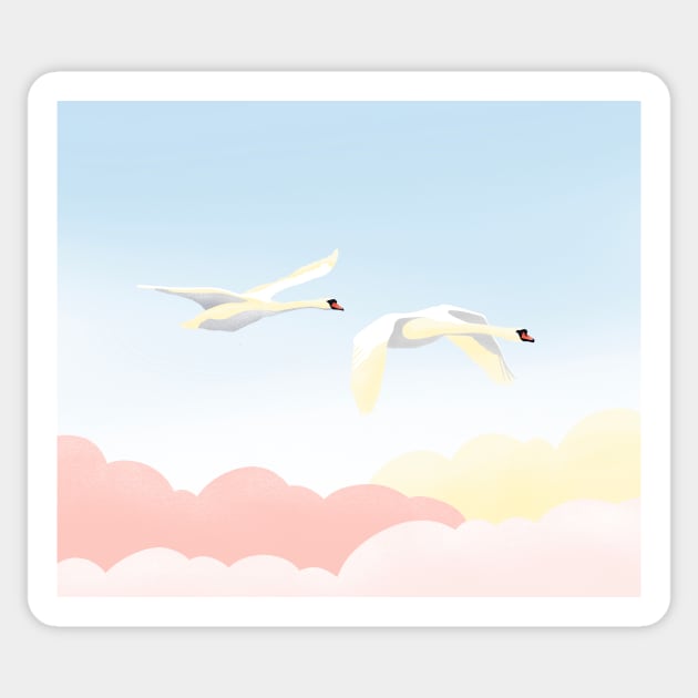 Graceful white swans flying in the blue sky Sticker by ColorsHappiness